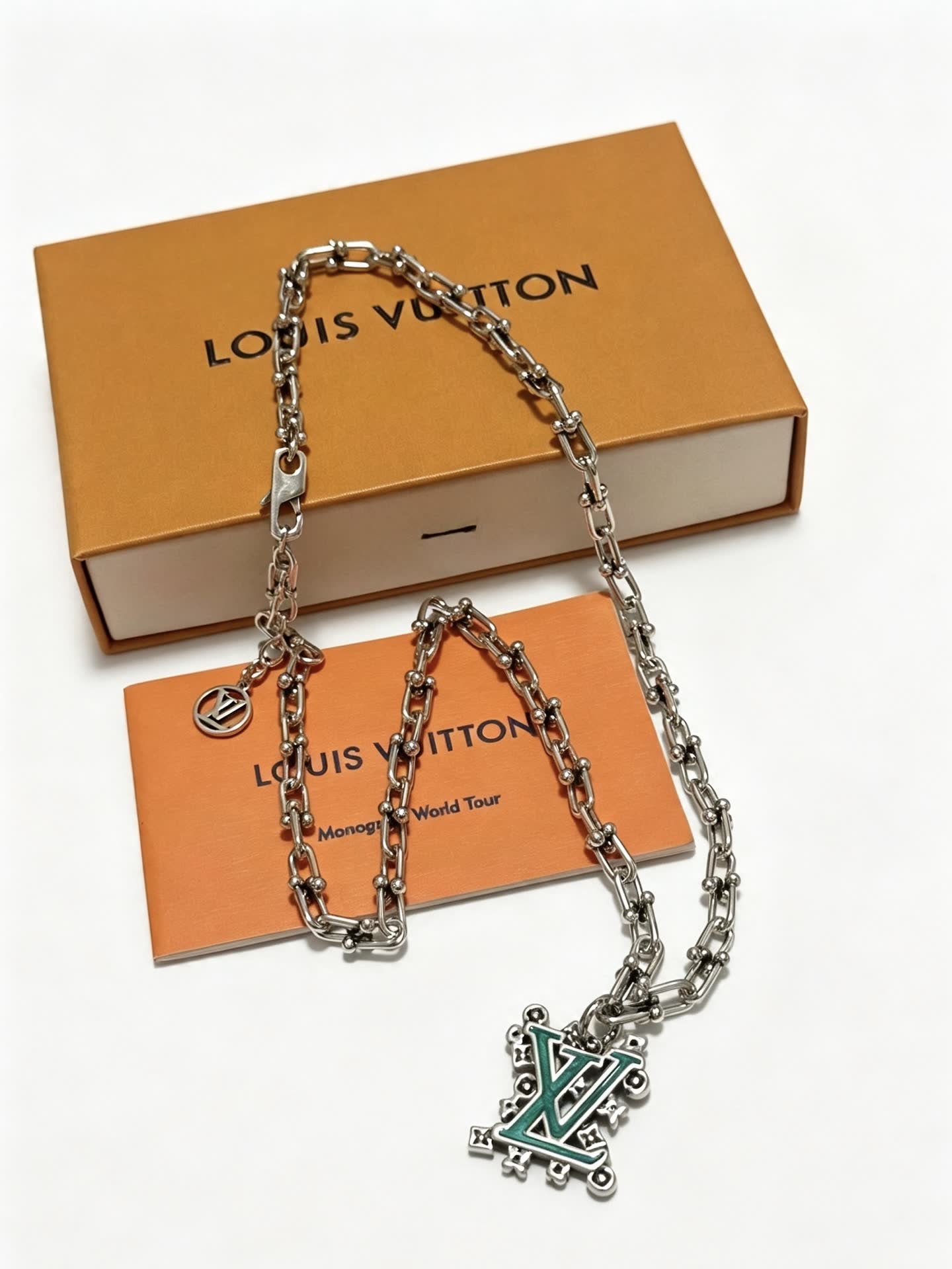 Louis Vuitton Silver Tone Chain Necklace with LV Pendant